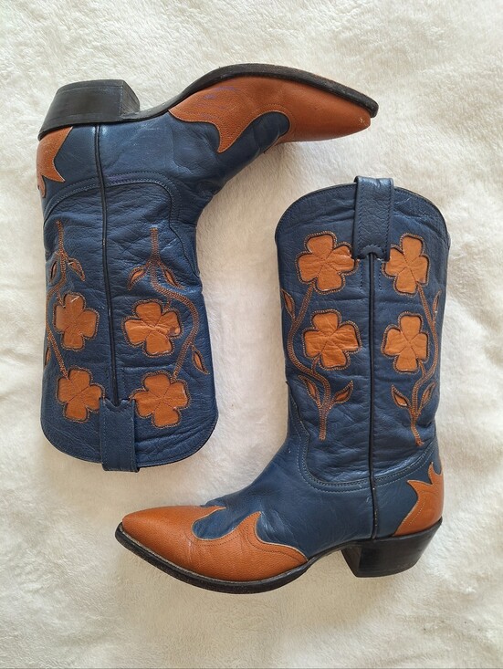 Larry Mahan Shoes - Vintage Larry Mahan Blue Leather Cowboy Boots Orange Floral Clover Inlay US 7B